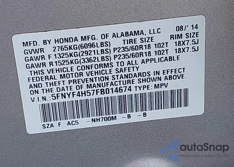 2015 Honda Pilot Ex-L из США, поврежденный, VIN 5FNYF4H57FB014674